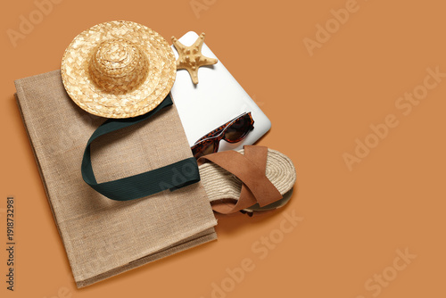 Bag with laptop, flip flops...
