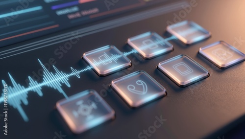 Digital audio waveform displayed across a dark console with illuminated touch buttons and icons