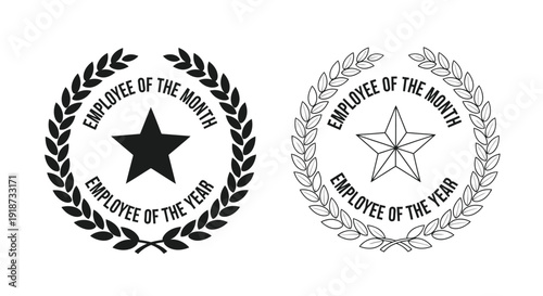 Two employee recognition badges one black one white with laurel wreaths