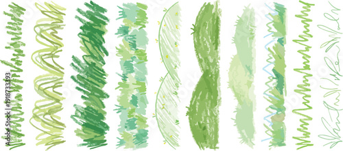 Crayon drawn grass set. Childish chalk scribble of green lawn meadow with pastel doodle textures, playful children drawing vector illustration