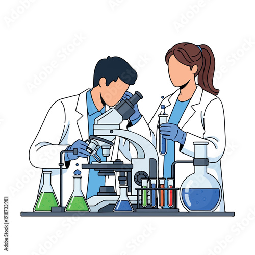 Two scientists in lab coats examining samples with a microscope and test tubes on a laboratory counter with various scientific equipment.