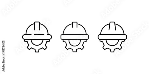 Construction helmet and gear symbol line art icon set for industry