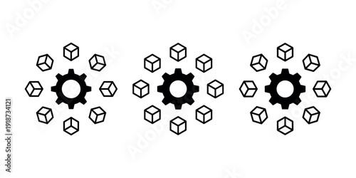 Industrial gear and cubic block system icon set representing decentralized data processing and automated workflow management in modern tech environments