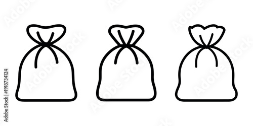 Minimalist fabric sack icons showing tied bags for storage and packaging needs across various commercial logistics or agricultural distribution industries
