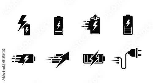 Black and white icons depicting battery charging and electrical power