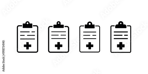 Medical clipboard checklist icons featuring patient health records and diagnostic reports for professional healthcare administration and clinical use