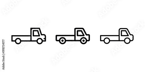 Row of three simple outline icons depicting pickup trucks, each with clear lines representing the cab, bed, and wheels on white background