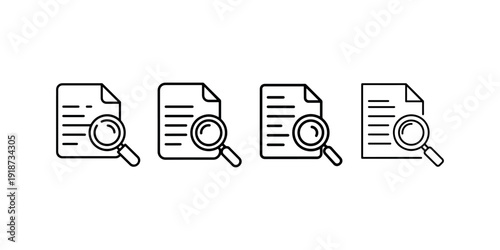 Document search and file audit icon set featuring magnifying glass over paper pages for data discovery and investigation vector illustration in outline
