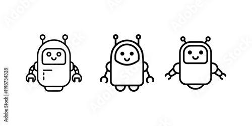 Set of three cute robot characters, friendly artificial intelligence, bot line art icons isolated on white background, vector illustration