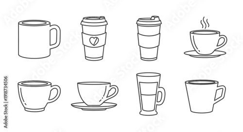 Collection of hand drawn coffee and tea cups in various styles