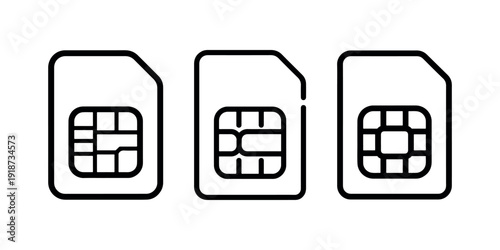 Collection of three SIM card icons depicting various chip configurations for mobile technology
