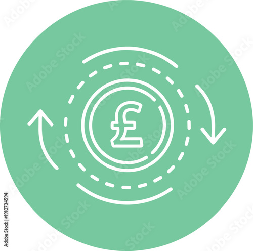 Pound sterling coin symbol with circular arrows indicating currency exchange and financial transaction cycle process