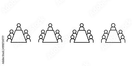 People sitting around a table in a meeting, symbolizing teamwork, discussion, and group collaboration in a modern icon style