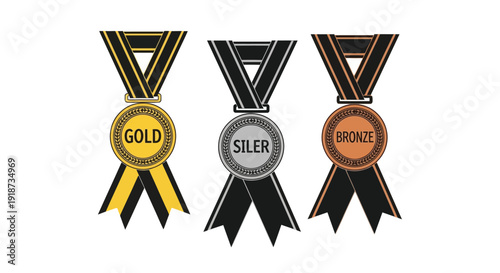 Three award medals gold silver and bronze with ribbons displayed
