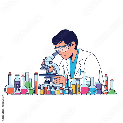 A scientist in a white lab coat examines a sample through a microscope surrounded by various colorful laboratory equipment and glassware on a clean white background with a scientific and
