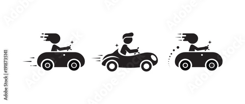 Racing Car Silhouette Icon. Automobile Driver Icon Set. Go kart style mini car driver vector, Cartoon driver in fast car silhouette Vector illustration  