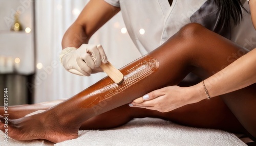 Waxing process - Applying wax to a womans leg for hair removal.