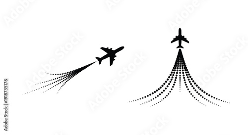 Silhouetted airplanes leaving trails against a white background
