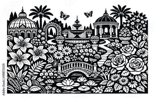 Decorative line art illustration of a classical garden depicting ornate architecture and blooming flowers for nature and elegance