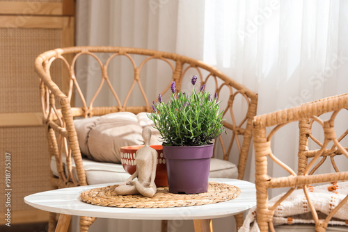 Lavender flowers with statu...