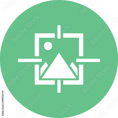 Landscape photography focus icon with mountain and sun symbols in thin line style on green circle background vector
