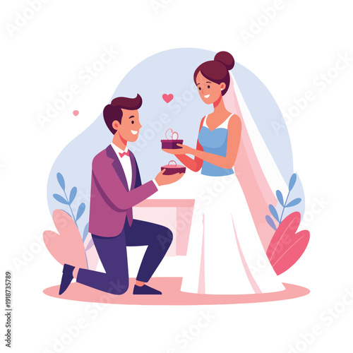 Man proposing marriage to woman with ring and hearts in romantic illustration