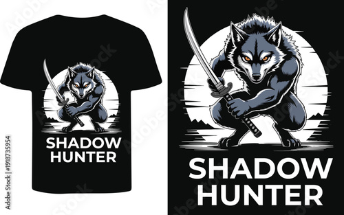 A black t shirt displaying a fierce wolf warrior with a katana sword