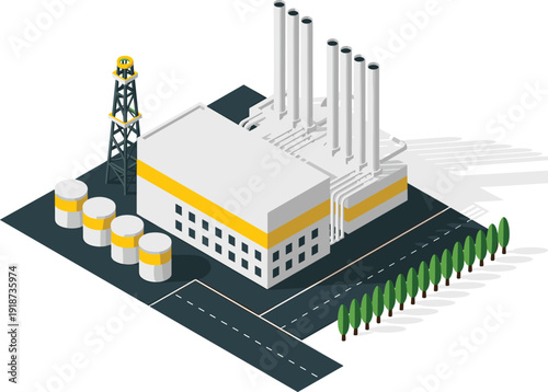 Isometric industrial oil refinery plant with storage tanks, drilling rig, pipelines and smokestacks heavy industry infrastructure illustration design