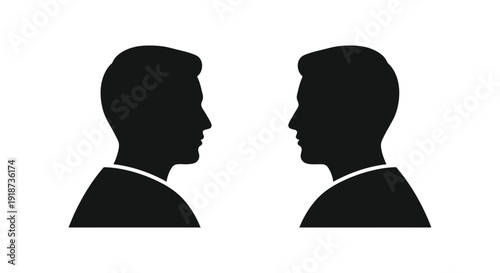 Two male profile silhouettes facing each other in a stark design