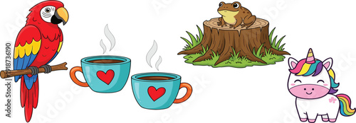 Cute Cartoon Animal Vector Set Featuring Colorful Parrot, Frog on Tree Stump, Magical Unicorn and Hot Coffee Cups Illustration