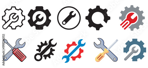 Gear tools set flat design vector illustration with wrench pliers screwdriver icons