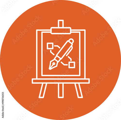 Art easel with a canvas displaying a creative design process with a pen and brush