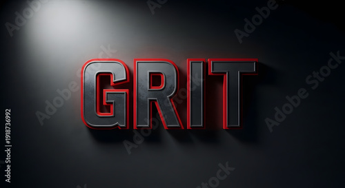 3D metal typography of the word Grit with red glowing outlines on a dark background