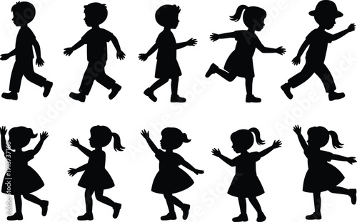 WebSilhouettes of children walking and running, boys and girls, playful activity, joyful poses, childhood motion, lifestyle, posture variation illustration concept