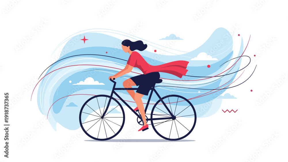 Fototapeta premium Dynamic illustration shows a woman riding a bicycle with a flowing red cape against a wavy blue and white abstract background.