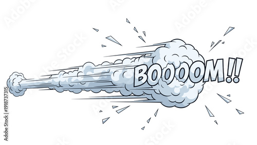 Boom comic book sound effect features a large cloud of smoke and flying debris to illustrate a powerful and loud dynamic explosion.