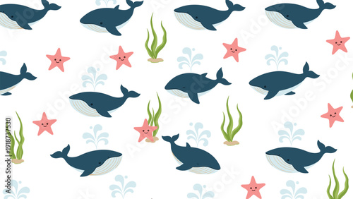 Charming underwater pattern shows dark blue whales, pink starfish, and green seaweed on a clean white background for a marine theme.
