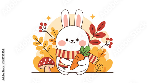 Adorable white bunny wearing a striped scarf holds a carrot in a beautiful autumn scene with colorful leaves and red mushrooms.
