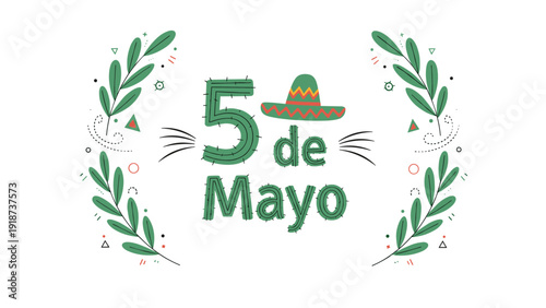 5 de Mayo text is crafted from prickly green cactus shapes with a festive sombrero hat and leafy branch decorations on each side.