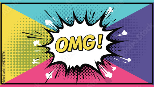Omg exclamation in a comic book word bubble uses bright yellow text on a vibrant multi colored background for a pop art effect.