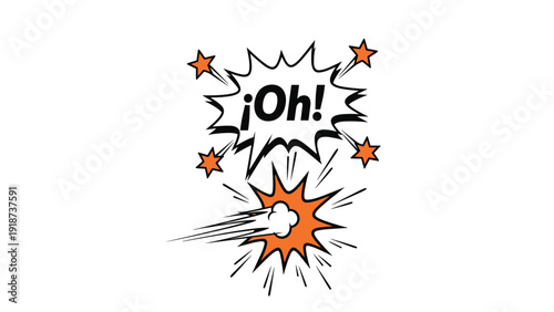Oh exclamation sound effect in a comic book speech bubble features bright orange colors and flying stars for a surprising action moment.