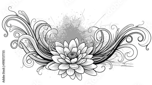 Ornate vintage lotus flower illustration with intricate swirls and flourishes in a classic black and white style.