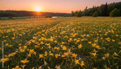 Golden meadow flower at sunrise