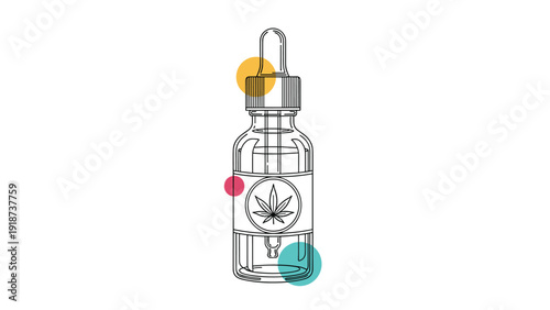 Medical dropper bottle for hemp oil or cbd treatment featuring colorful accent circles and a clear plant leaf icon.