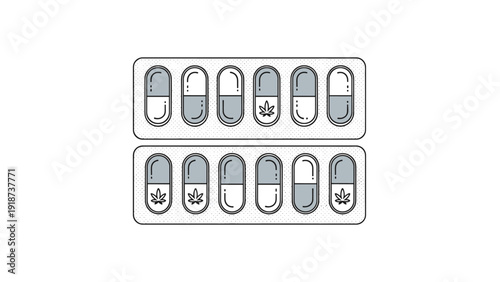 Medical capsule blister packs featuring a hemp leaf icon indicating organic or herbal medicine on a white background.