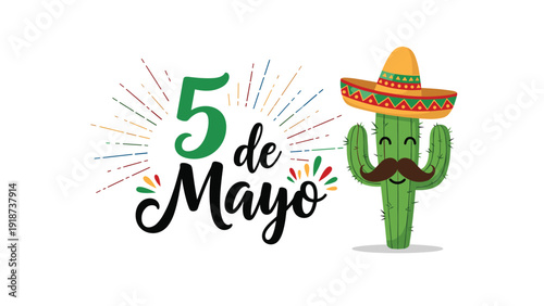 Cinco de mayo celebration graphic featuring a smiling green cactus with a large mustache and a colorful sombrero.