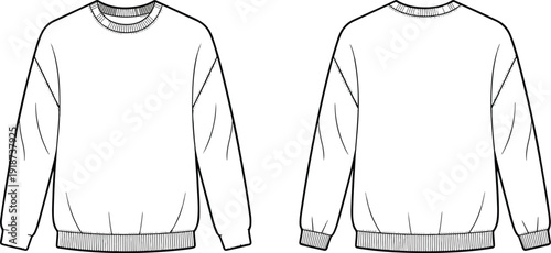 Flat fashion illustration of white sweatshirt, front and back view