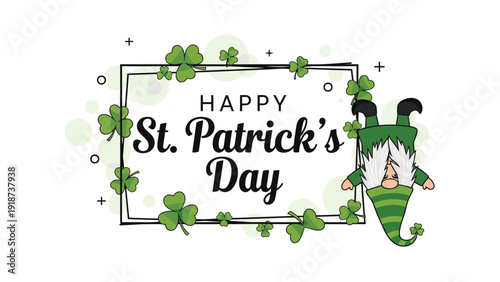 Festive st patrick's day greeting banner with an upside down gnome shamrocks and a decorative green frame.