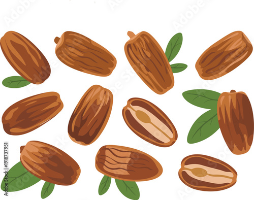 Sweet dates pile scattered on white background, healthy food, organic fruit, natural snack