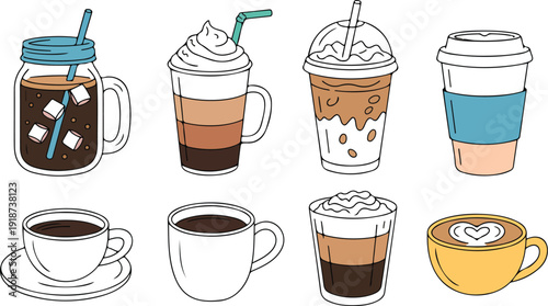 Variety of coffee drinks in different cups and glasses, cold brew latte and cappuccino for caffeine lovers